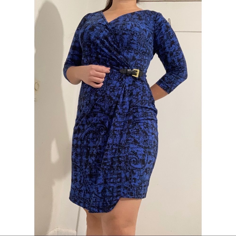 Tahari Blue Wrap Dress 3/4 Sleeves